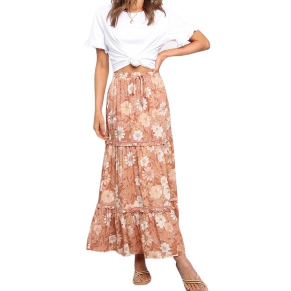 Petal & Pup Osani Floral Tiered Bow Tie Waist Detail Maxi Slip Skirt - XS